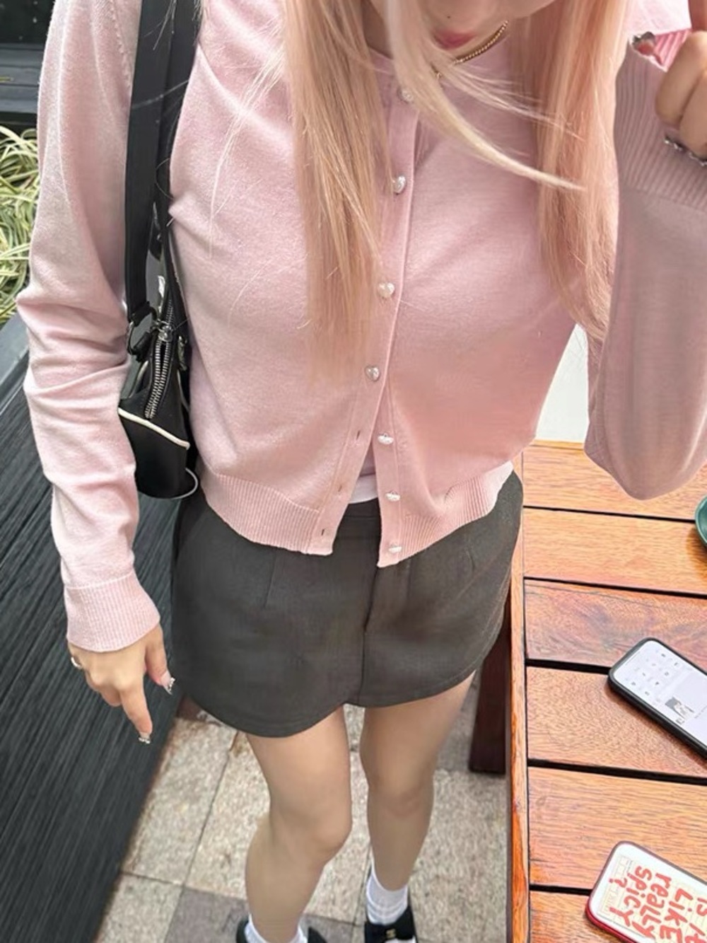 Pink Button-Up Heart Shaped Pearl Button Knit Cardigan